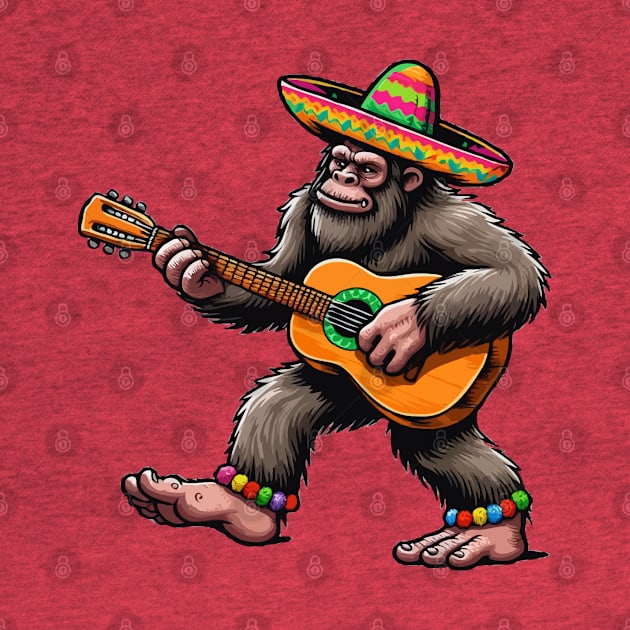 Funny Cinco De Mayo Bigfoot Playing Guitar by Illustradise